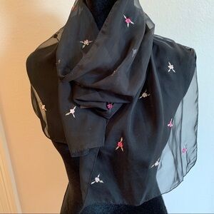 Sheer black vintage embroidered floral scarf dressy casual bohemian